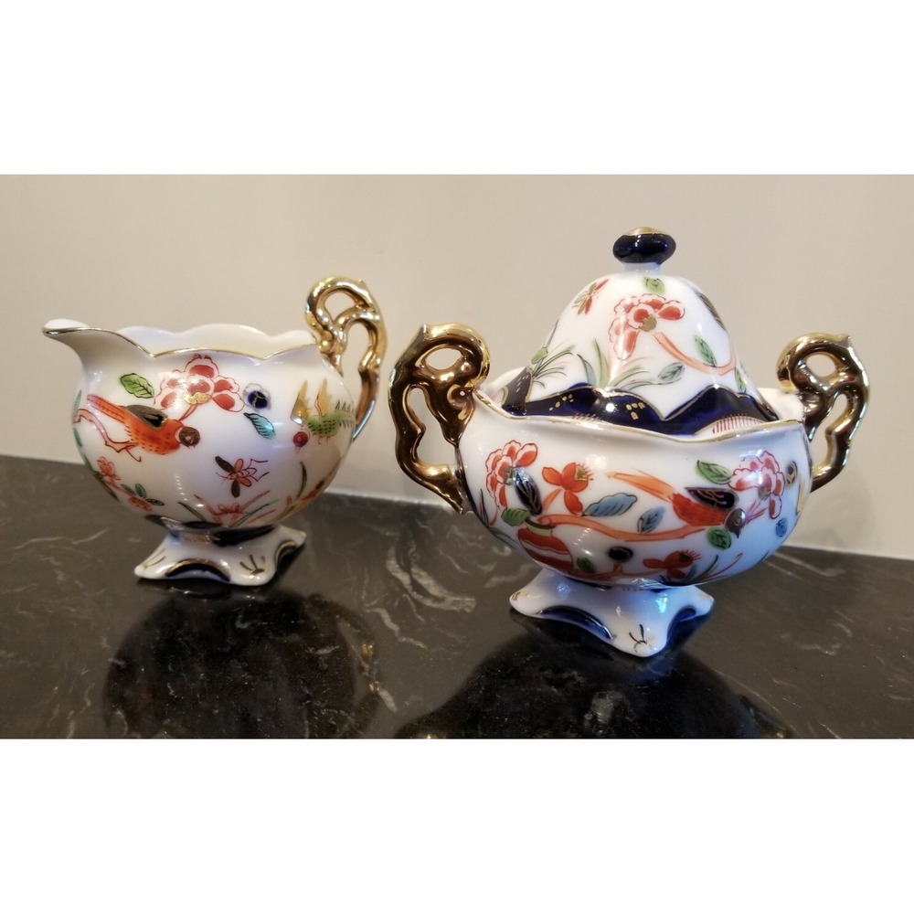 Vintage Hand Painted Fine Porcelain Demitasse Creamer and Sugar Bowl Japan